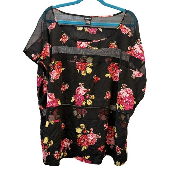Torrid Womens Floral Mesh Panel Sheer Black Blouse Size 4X Lightweight Flowy Top - Picture 1 of 7